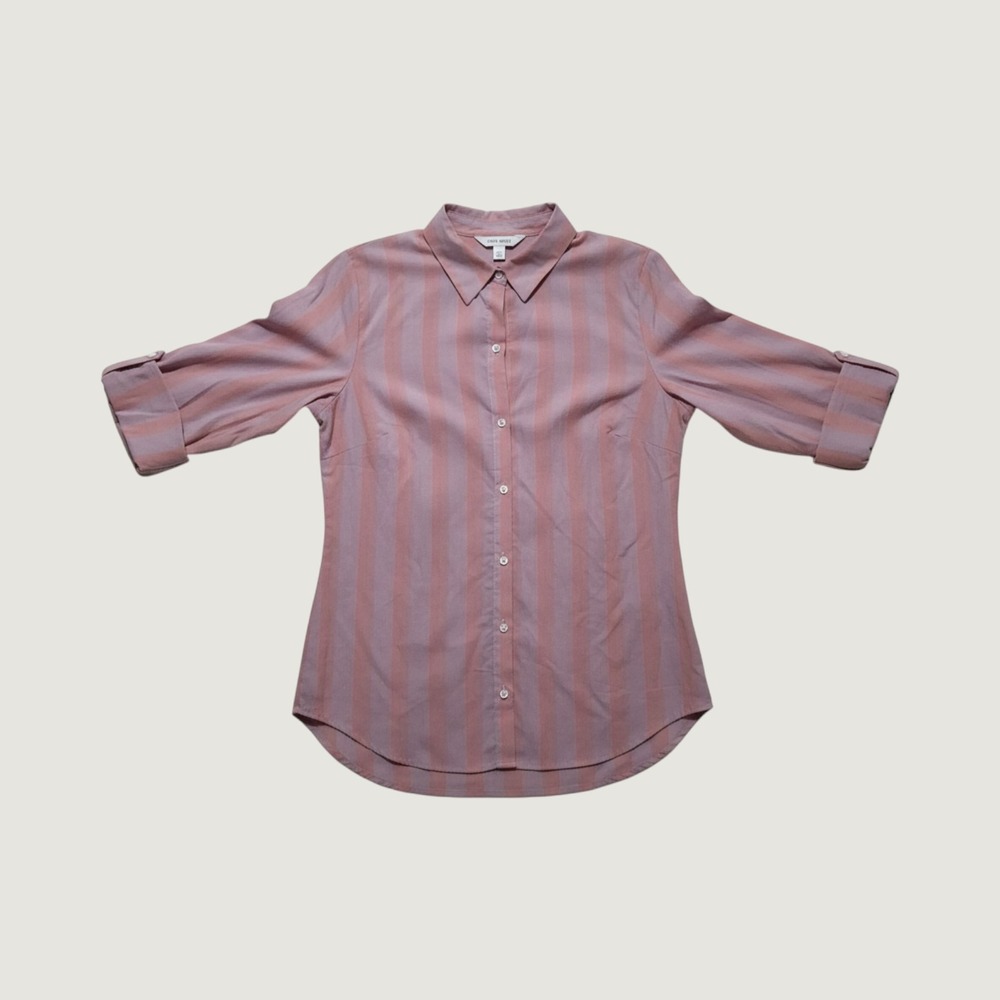 Nine West Womens Pink Purple Striped Cotton Button Down Roll Tab Shirt Medium